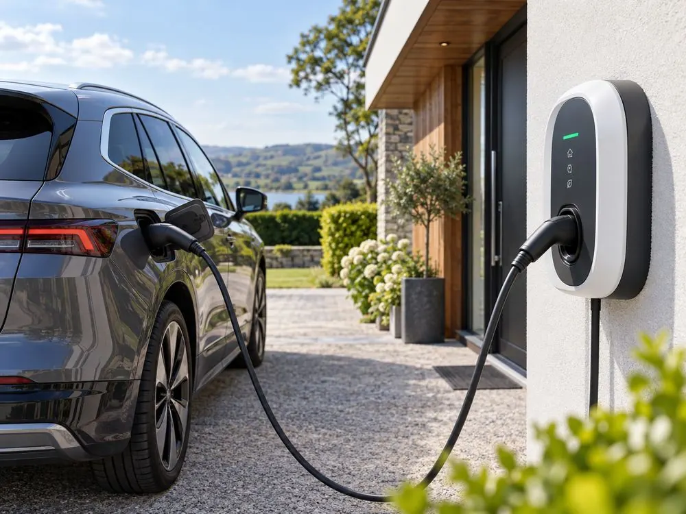 Electric car plugged into a wall-mounted home EV charger on a driveway